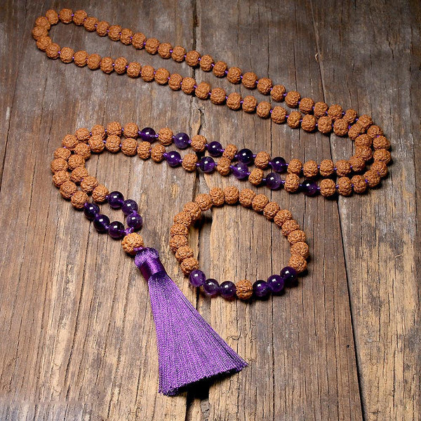 Japamala 108 Contas + Pulseira Rudraksha e Ametista Purifica e Acalma - Purezen
