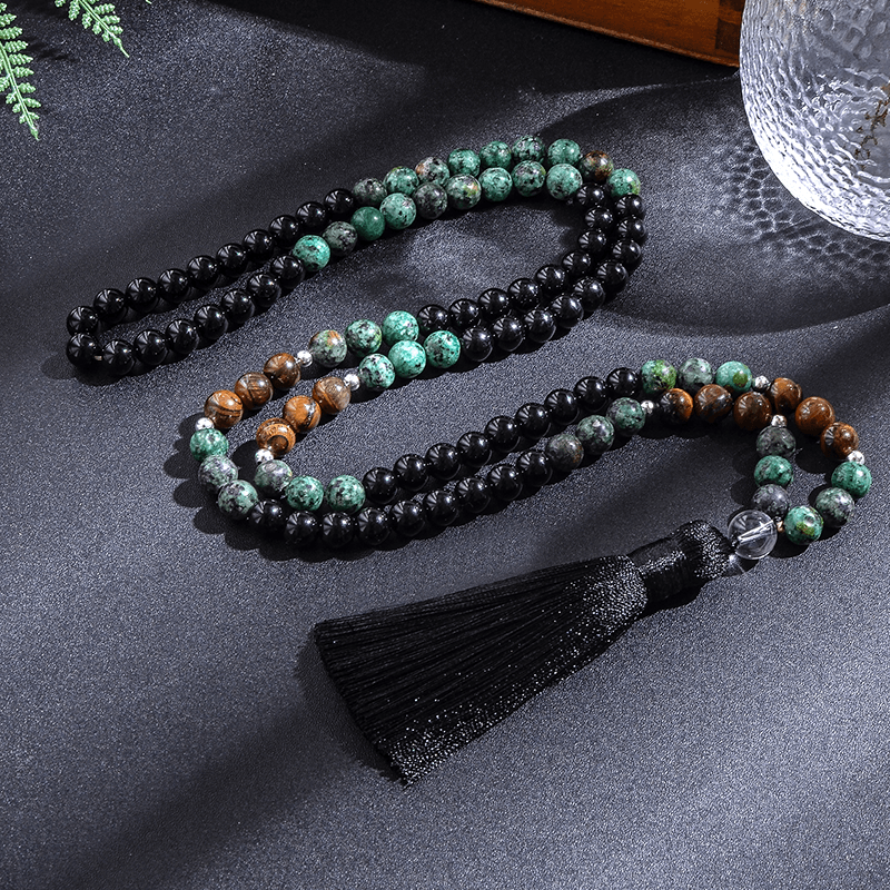 Japamala 108 Contas + Pulseira Turquesa Africana Ágata Negra e Olho de Tigre - Purezen