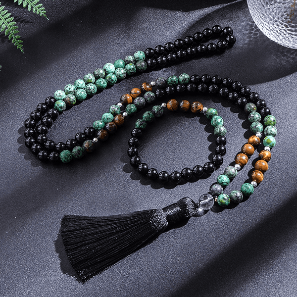 Japamala 108 Contas + Pulseira Turquesa Africana Ágata Negra e Olho de Tigre - Purezen