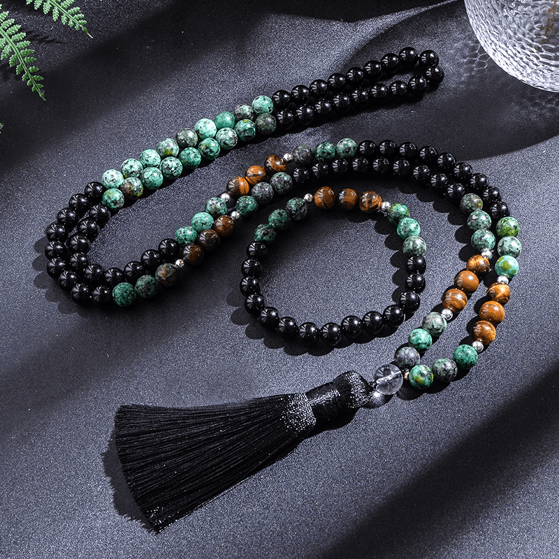 Japamala 108 Contas + Pulseira Turquesa Africana Ágata Negra e Olho de Tigre - Purezen