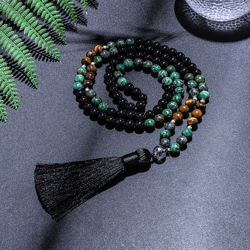 Japamala 108 Contas + Pulseira Turquesa Africana Ágata Negra e Olho de Tigre - Purezen
