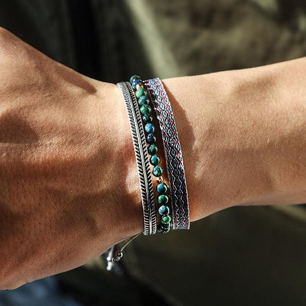 Conjunto de Pulseiras Budista + Bracelete em Prata Tibetana - Purezen