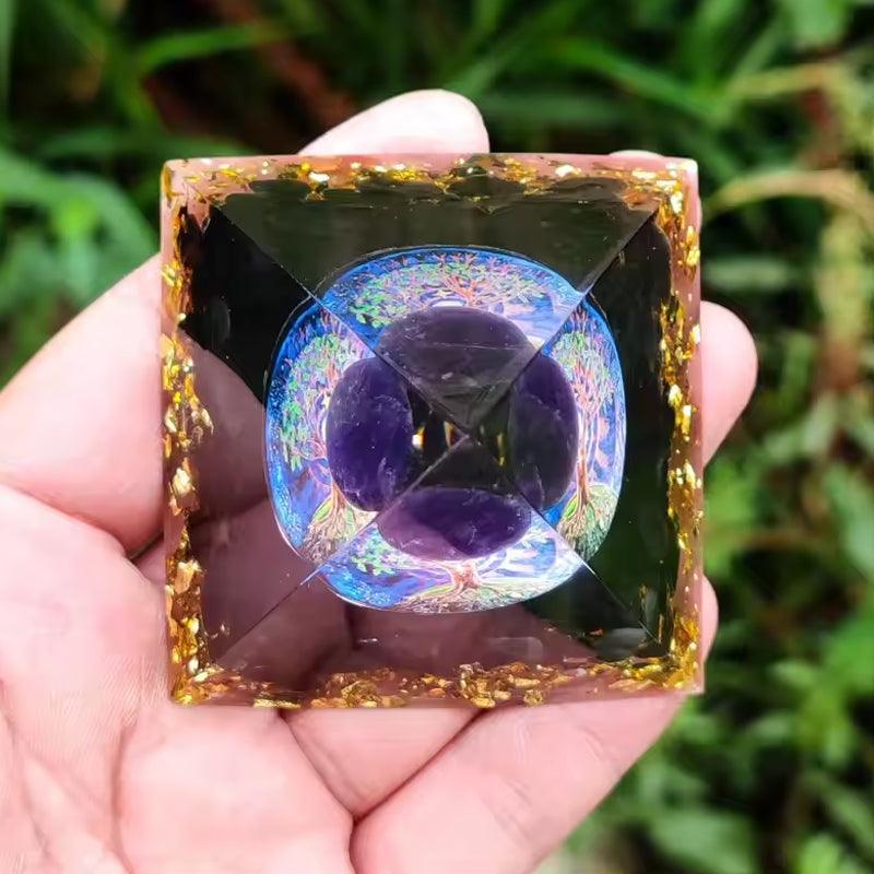 Pirâmide Orgonite Ametista e Obsidiana – Equilíbrio e Proteção - Purezen