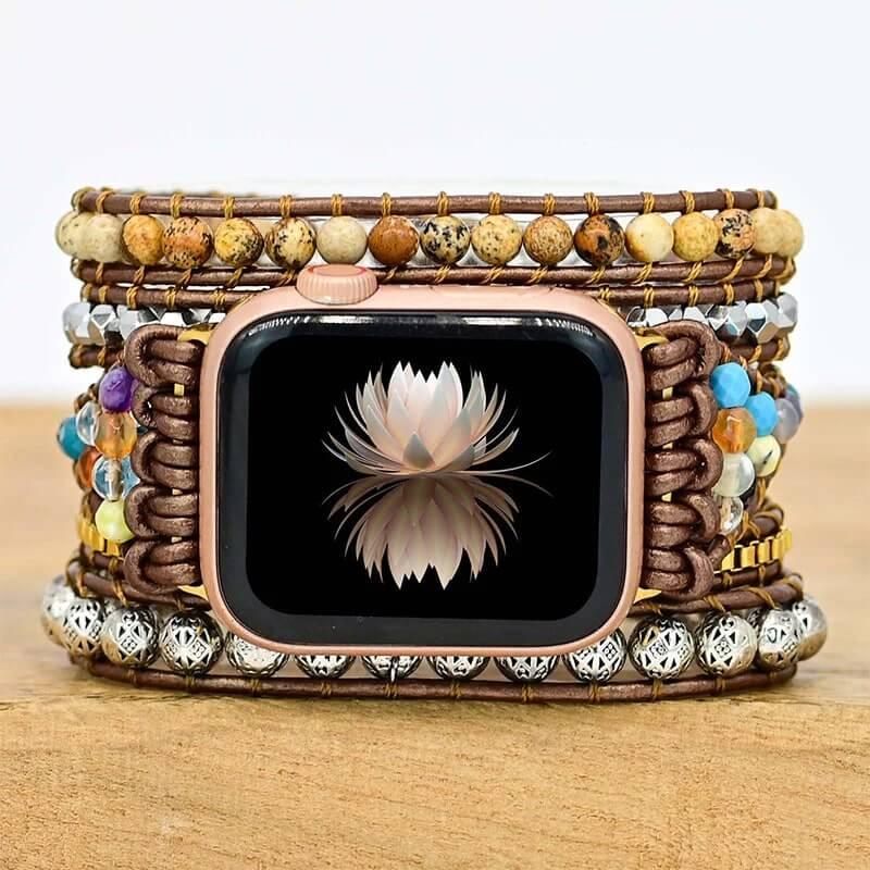 Bracelete Para AppleWatch/ SmartWatch das Pedras Naturais Jaspe Madeira - Purezen