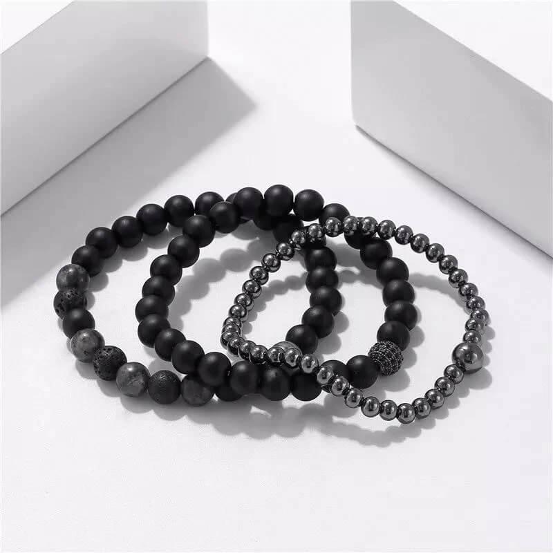 3 Pulseiras de Pedras Naturais Hematita, Onix Fosca e Pedra Vulcânica - Purezen