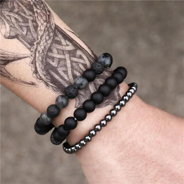 3 Pulseiras de Pedras Naturais Hematita, Onix Fosca e Pedra Vulcânica - Purezen