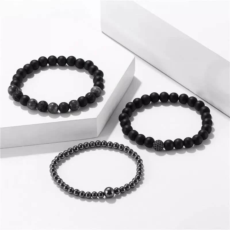 3 Pulseiras de Pedras Naturais Hematita, Onix Fosca e Pedra Vulcânica - Purezen