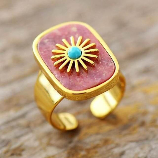 Anel Banhado a Ouro Sol Encantado com Pedras Naturais - Ajustável - Purezen