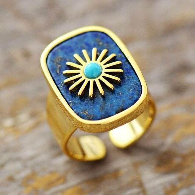 Anel Banhado a Ouro Sol Encantado com Pedras Naturais - Ajustável - Purezen
